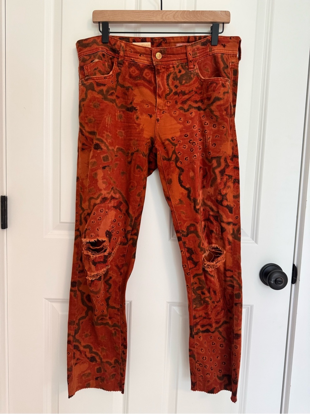 Pilcro Orange Abstract Print Distressed Skinny Jeans Raw Hem Size 28